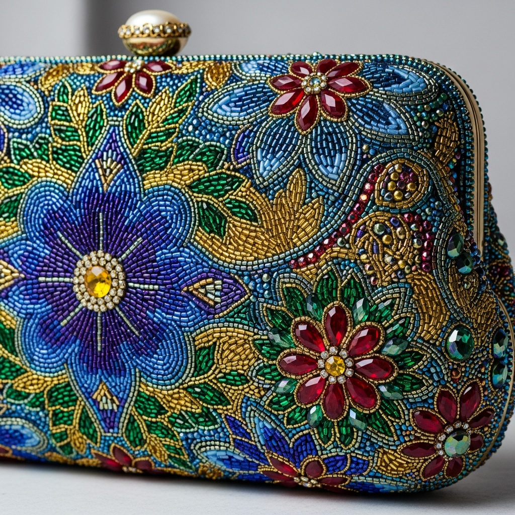 A handcrafted beaded clutch bag with colorful intricate beadwork