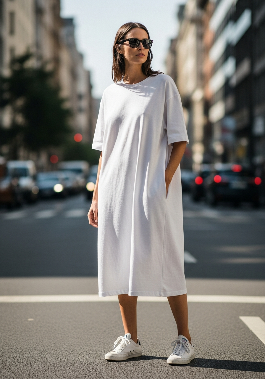 Minimal oversized white T-shirt dress on a city street
